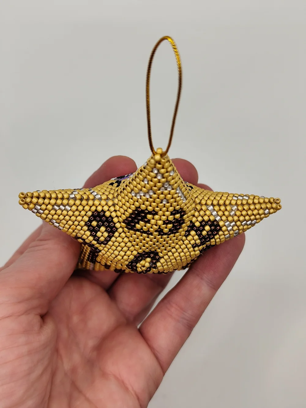 Gold Beaded Star Face Ornament - Decorative Holiday Hanging